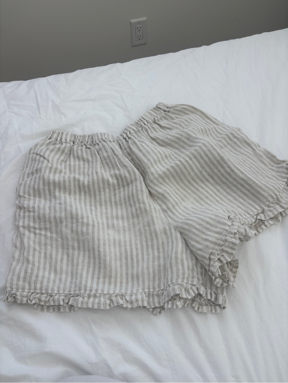 Handmade 100% Linen Striped Beige Ruffle Hem Shorts